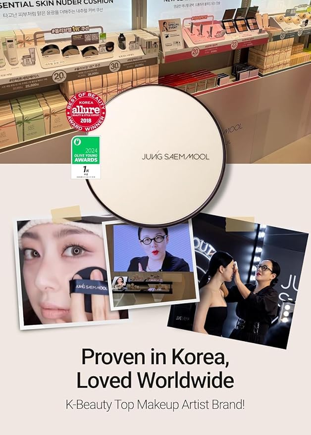 JUNG SAEM MOOL Essential Skin Nuder Cushion | Natural Finish, Buildable Coverage Cushion Foundation by Korean Makeup Artist (Refill Included, SPF 50 | Gift Set with Mool Cream & Puff), 17 Fair Light