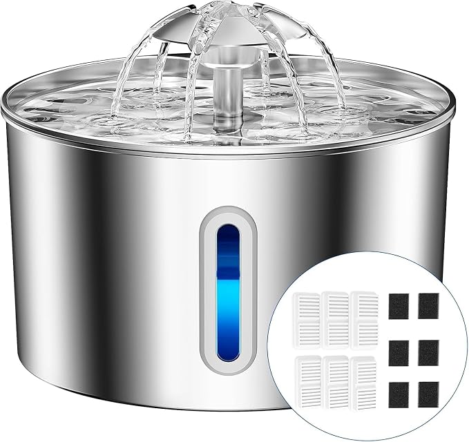 Cat Water Fountain Stainless Steel - 74oz/2.2L Automatic Large Pet Watering Bowl Dispenser for Indoor Cats - Drinking Fountains with 6 Filter, Gifts for Dogs and Kitty - Dog Waterer Bowls No Spill