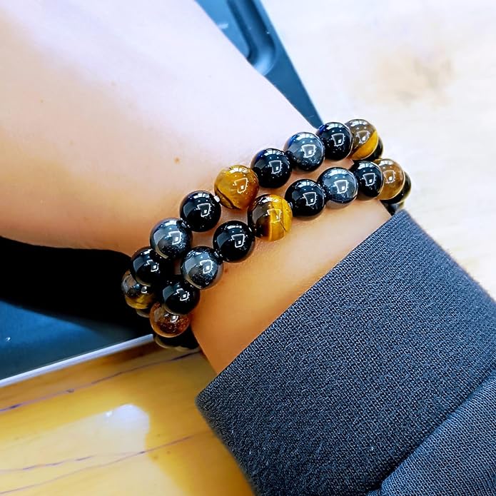 Evil Eye with Hematite Black Obsidian Tiger Eye Stone Triple Protection Bracelets for Men Women, Crystal Healing Stone Bracelet Bring Luck Prosperity and Happiness Jewelry