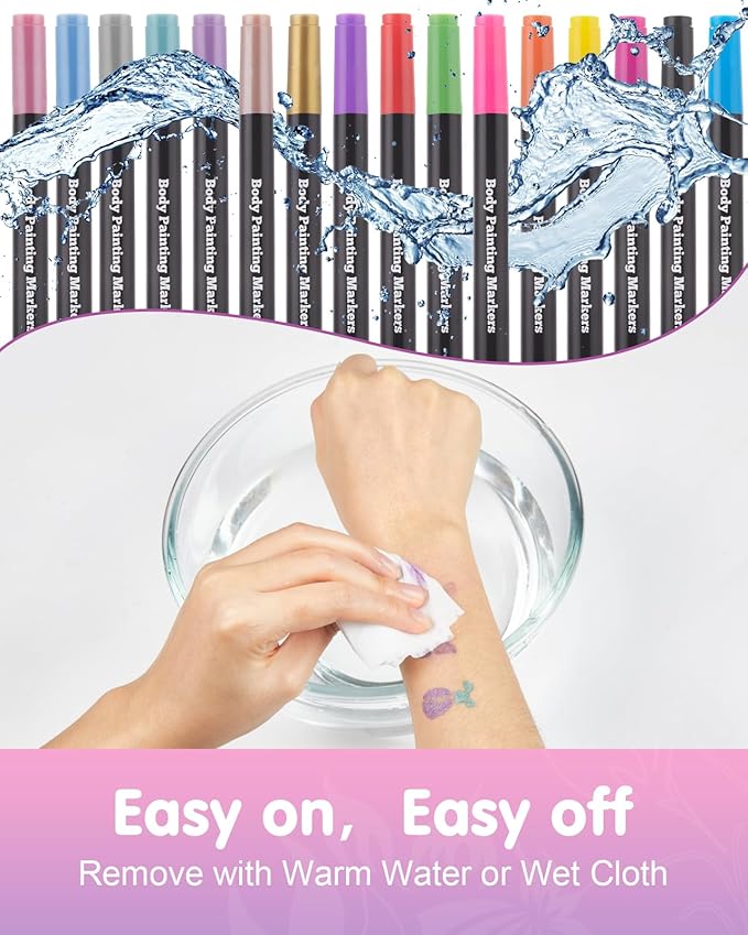 Lictin Temporary Tattoo Markers for Skin, 16 Colors Dual-End Skin Tattoo Pens with 80 Tattoo Stencils, Matte & Metallic Body Markers for Kids Teens and Adults, Flexible Brush Tip, Cosmetic-Grade