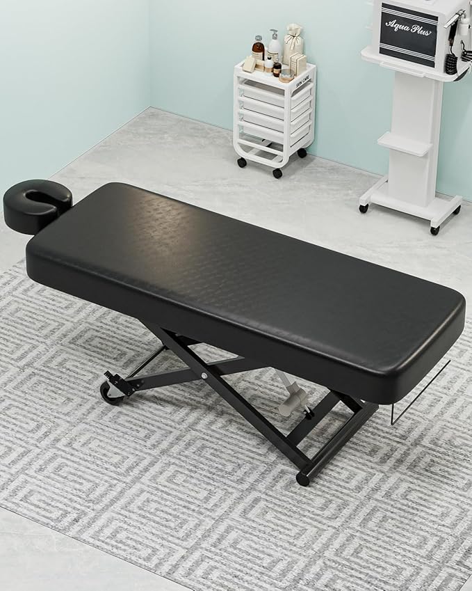 Paddie Flat Electric Lift Massage Table, Professional Spa Bed 6.7" Memory Foam with Adjustable Face Cradle and Rolling Wheels, Black