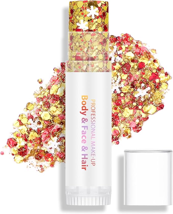 Gold Red White Body Hair Face Glitter Stick, Holographic Sequins Face Sparkle Glitter Gel Neon Outfit for Women Face Paint Christmas Accessories Rave Festival Mermaid Chunky Makeup
