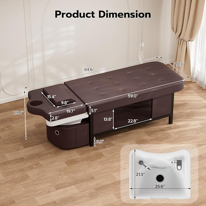 SyyBhb 2-in-1 Shampoo and Massage Bed with Waterfall Head Spa Equipment and Storage, Suitable for Barbershops Beauty Salon Spa Treatment Therapy Home Use, Brown
