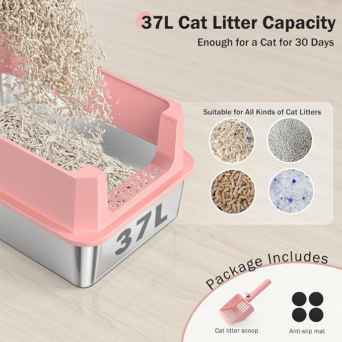 Stainless Steel Litter Box, Extra Large Litter Boxes for Big Cats, XLarge Metal Cat Litter Box with Lid, Anti-Urine Leakage XL Box with High Sides, Easy Clean, Non-Sticky, Scoop Included (Pink, XL)