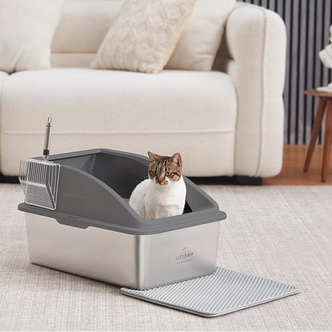 AIPERRO Stainless Steel Litter Box | XXL Deepened 8" Design Meatl Cat Box | High Sided with Lid for Big Cats | Anti-Urine Leakage | Non-Stick Bottom & Easy to Clean | Includes Litter Mat & Metal Scoop