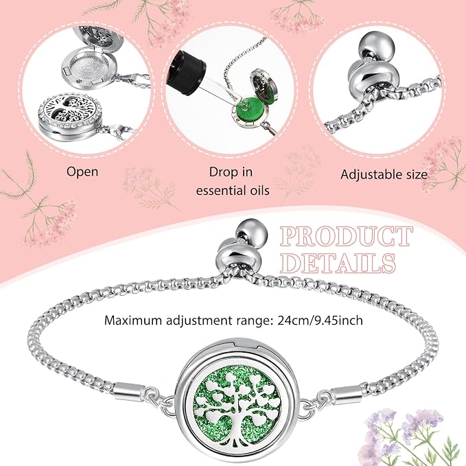 MTLEE 6 Pcs Essential Oil Diffuser Necklace Bracelet Set Stainless Steel Aromatherapy Locket Pendant Adjustable Bracelet for Women with 40 Pcs Refill Pads Assorted Colors Gift Set Christmas Birthday