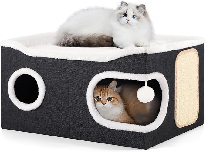 Shikha Extra Large Cat House Bed for Multi Cats with Scratch Pad Black | 24 x 17.7 x 12.6 IN Widen Cat Cave Cube for Multi Pets, Foldable, Arc-Edge Design, Oval Door, All Seasons Reversible Cushion