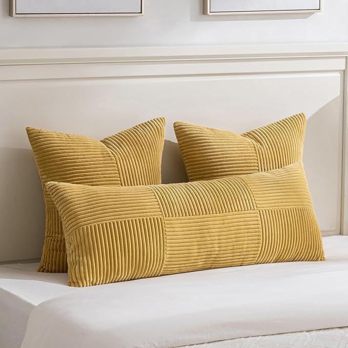 Fancy Homi Set of 1 Mustard Yellow Boho Long Lumbar Body Decorative Throw Pillow Cover 21x54 Inch for Bed Couch Bedroom Bench, Soft Patchwork Corduroy Pillow Case, Rustic Farmhouse Room Decor