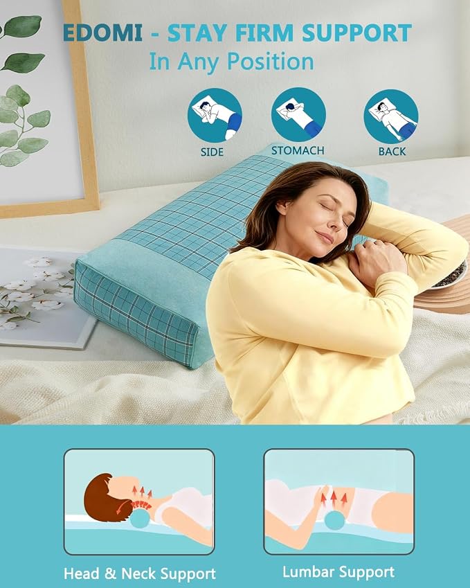 Buckwheat Cube Pillows for Side Sleepers,19.6"x9.8" Buckwheat Hulls Filling Cervical Neck Support Pillows for Sleeping, Customizable Height, Plaid Pillow Covers,Blue