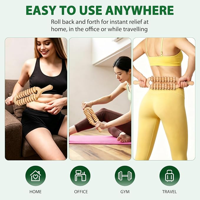 Liitrton Wood Therapy Massage Tools, Double Row Massage Roller Stick, Wooden Rollers for Massage Lymphatic Drainage Cellulite Reduction and Muscle Tension (Double-9‑Wheel)