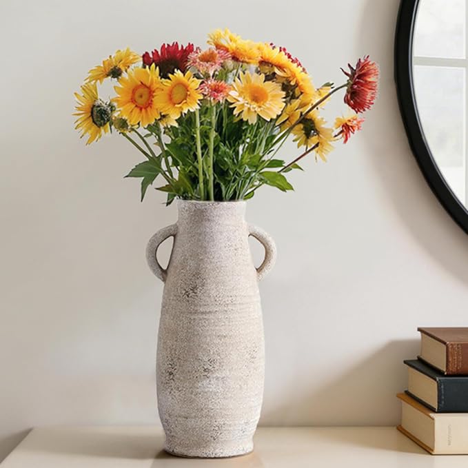 Ceramic Rustic Farmhouse Vase, Distressed Decorative 12 Inch Flower Vase for Home Decor, Ideal Shelf Decor, White Boho Vase for Living Room Bedroom Kitchen Office Decor Centerpiece Table Decorations