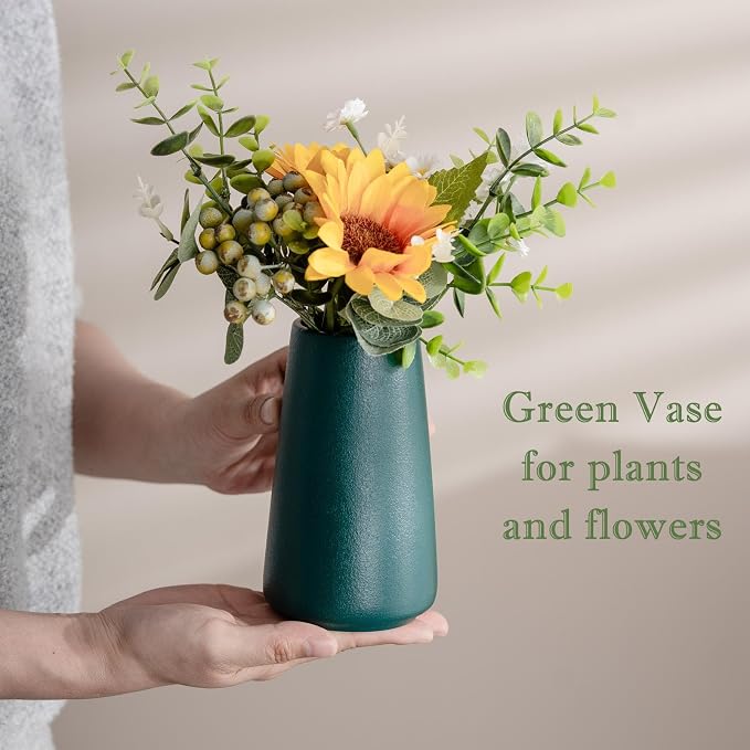 Simple Boho Ceramic Flower Vase for Home Decor (Green,Small) | 6'' Modern Farmhouse Vase for Flower Plant Pampas Grass, Fit for Table Shelf Centerpieces, Living Room Bedroom Wedding Gift