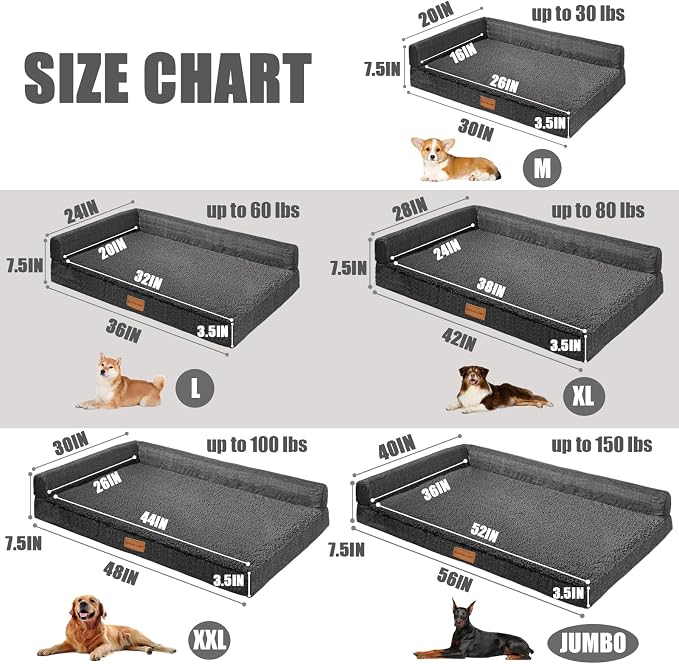 Patas Lague Orthopedic Medium Dog Bed Washable Pet Sofa Bed 30X20 Dark Grey | 2-Sided Bolster Egg-Crate Foam Dog Couch Medium Size Dogs, Waterproof Removable Washable Cover, Nonskid Bottom Pet Crate Mat
