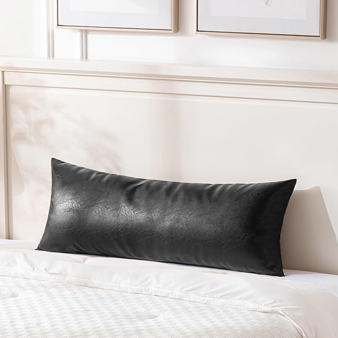 Fancy Homi Black Boho Long Lumbar Faux Leather Body Decorative Throw Pillow Cover 14x40 Inch for Bedroom Couch Bed Sofa Bench, Thick Stylish Solid Pillowcase, Rustic Modern Farmhouse Room Decor