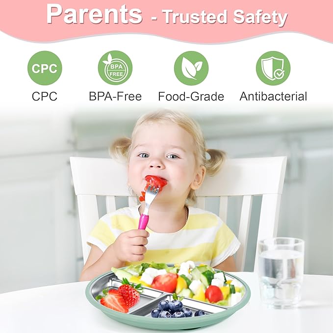 Bella's Friends Stainless Steel Toddler Plates Silicone Suction,3 Packs Non-Slip Baby Plates,Divided Portion,Food-Grade Silicone Plate for Kids,LEAD-FREE Dishwasher Safe, Green Blue Pink