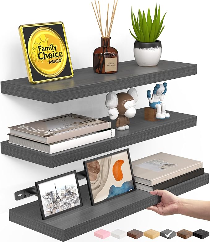 BAYKA Grey Floating Shelves 15.7in, Set of 3, Wall Mount Rustic Wood Shelf | 22lbs Max Load, Hidden Bracket, for Bathroom Bedroom Kitchen Display Storage Decor, Easy Install, Multi-Wall Compatible