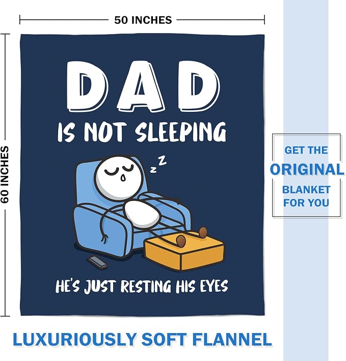 Funny Birthday Gift for Dad Husband, Dad is Not Sleeping Blanket | Dad Gifts from Daughter Son, Super Soft Throws Blanket for Couch and Napping, 60" x 50" (Blue)