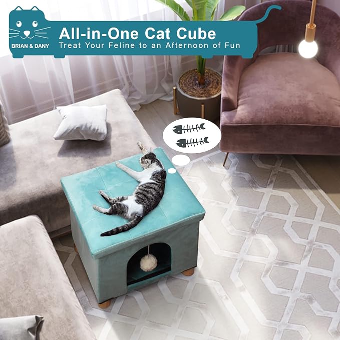 BRIAN & DANY Cat Beds for Indoor Cats,Cat Cave House for Kitten with Scratch Board & Ball, 14.5X 12.5X 14.1 inches, Green