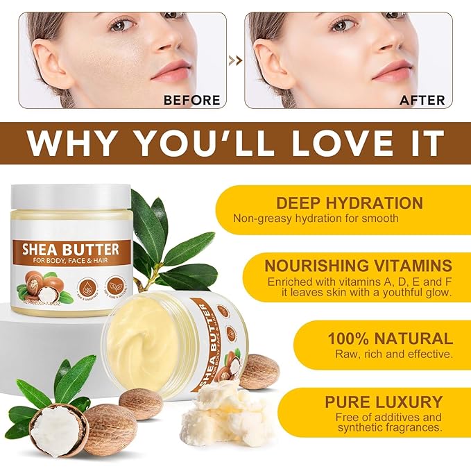 Shea Butter Raw, 2 Pack Shea Butter for Face & Body with Vitamin A,and F, Hand Cream, Long-Lasting Hydration & Deeply Moisturizing for Dry, Cracked Skin, SkinCare, Keeps Skin Healthy
