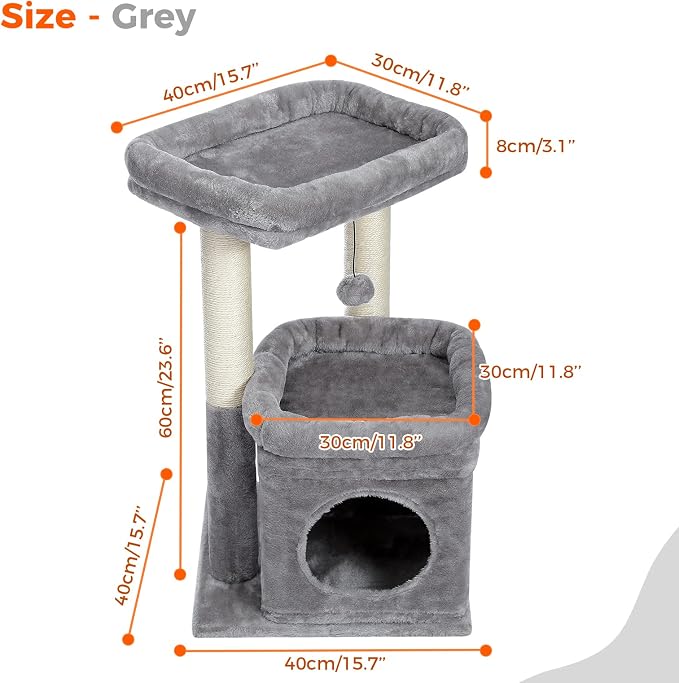 PEQULTI Indoor Cat Tree Tower Small Cats, Sisal Post & Cozy Condo, Grey | Private soft cat condo, soft top perch, natural sisal scratch posts, plush pom-pom toy for indoor kitties
