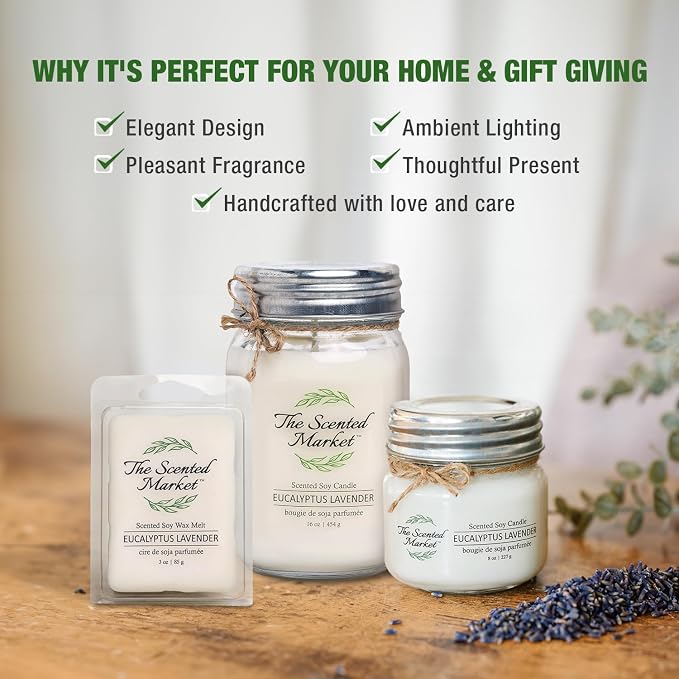 The Scented Market Aromatherapy Soy Wax Candle Eucalyptus Lavender 16 oz Mason Jar, Over 100 Hours of Burn Time, Ideal for Your Home and Gift Giving.