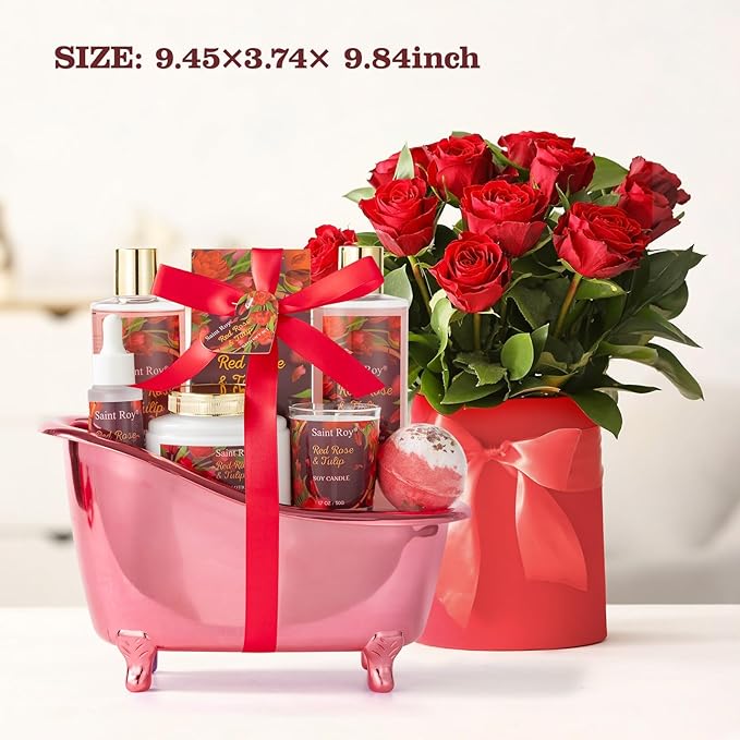Mother's Day Gifts for Women, spa kit Gifts for Her Mother's Day Bath Spa Gift Set Red Rose & Tulip Spa Basket Kits for Women, Contains Body Oil, Body Lotion, Salt, Self care baskets Mother Gift
