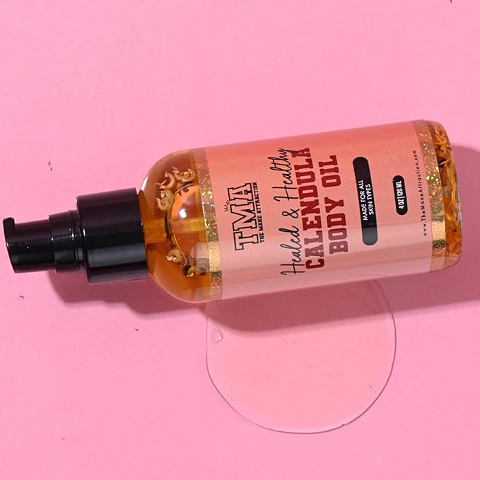 The Mane Attraction TMA Calendula Body Oil 4oz – Organic Calendula Infused Oil with Sunflower Almond Grapeseed & Jojoba – Soothing Body Oil for Sensitive Skin Redness Dryness and Discoloration