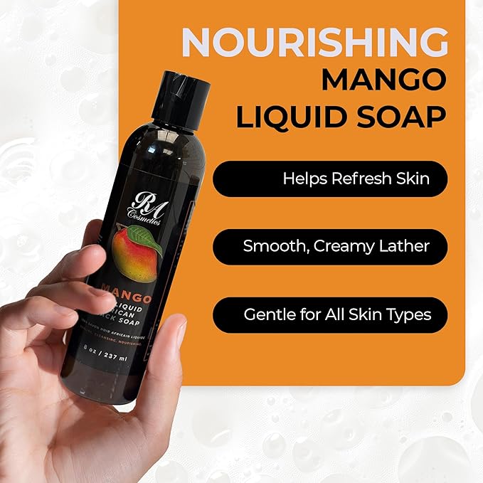 RA COSMETICS Liquid African Black Soap with Mango – Traditional West African Cleanser with Shea Butter & Coconut Oil – Face, Body & Hair Wash for Daily Use – No Artificial Fragrances – 8oz