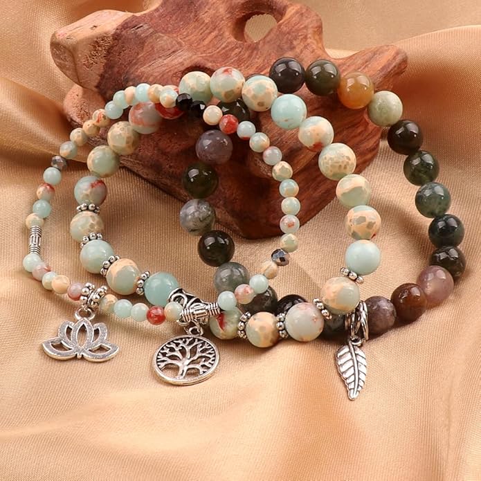 UEUC Tree of Life Yoga Healing Stone Bracelets,Multilayer Lotus Chakra Stone Reiki Bracelet Sets,Anxiety Crystal Natural Stone,for Women Stress Relief