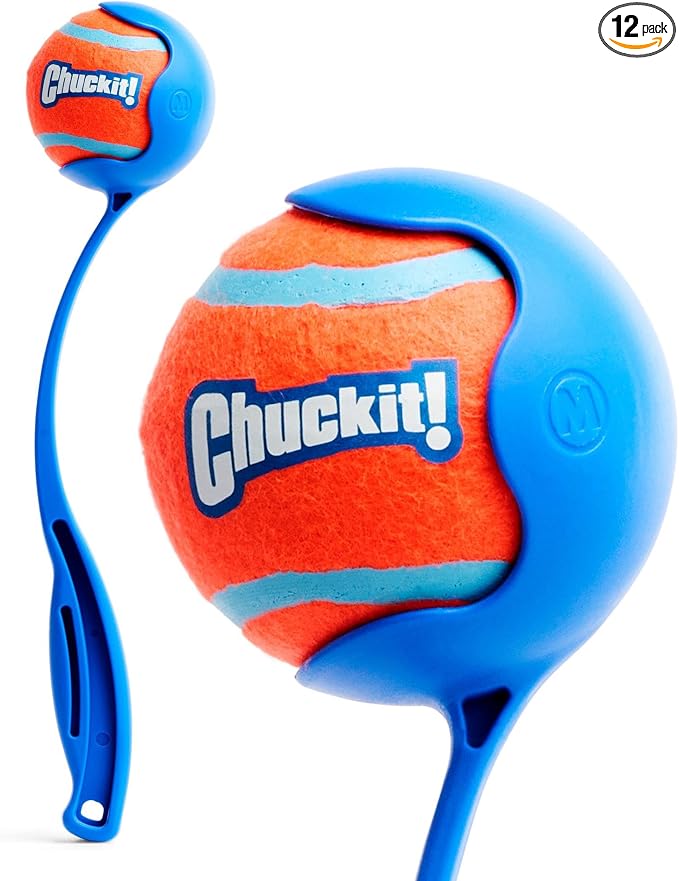 Chuckit! Dog Ball Launcher 12M Sport with 12" Handle Length for Medium 2.5" Dog Balls for Dogs 20-60 lb, Plastic Pet Fetch Ball Thrower, Perfect to Kids, Made in USA, Blue, 12in (Pack of 12)