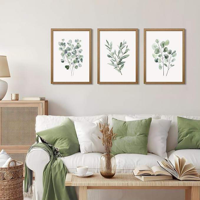 Botanical Wall Art Sage Green Canvas Wall Decor Eucalyptus Art Watercolor Plant Pictures Green Botanical Prints Minimalist Leaf Painting Set of 3 for Bathroom Living Room 16x24 Inch Wood Framed