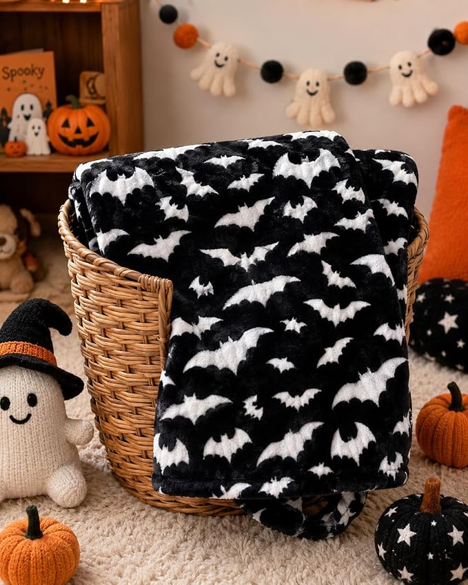Halloween Fleece Throw Blanket, Silver White Bats on Black, Oversized 50x70 | Ultra-soft cozy flannel fleece, for sofa couch bed chair & dorms, spooky Halloween décor, durable and machine washable.