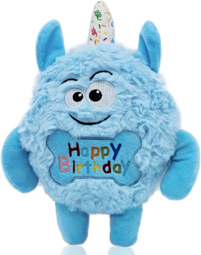 Monster Dog Birthday Toy for Gifts, Stuffed Dog Plush Toy, Blue | Crinkle Squeaky, Soft Lightweight Toy for Fetch and Chew, Interactive Outdoor Indoor Play for Tug, For Puppy Small Medium Dog