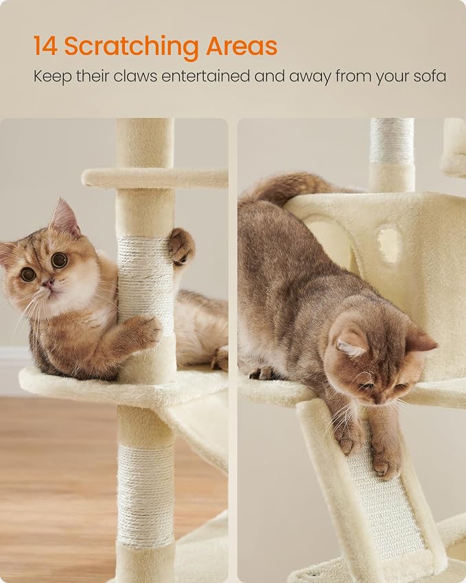Feandrea Cat Tree, 66.1-Inch Large Cat Tower, Multi-Level Plush Condo with 13 Scratching Posts, 2 Perches, 2 Caves, Basket, Hammock, Pompoms, Beige UPCT165M01