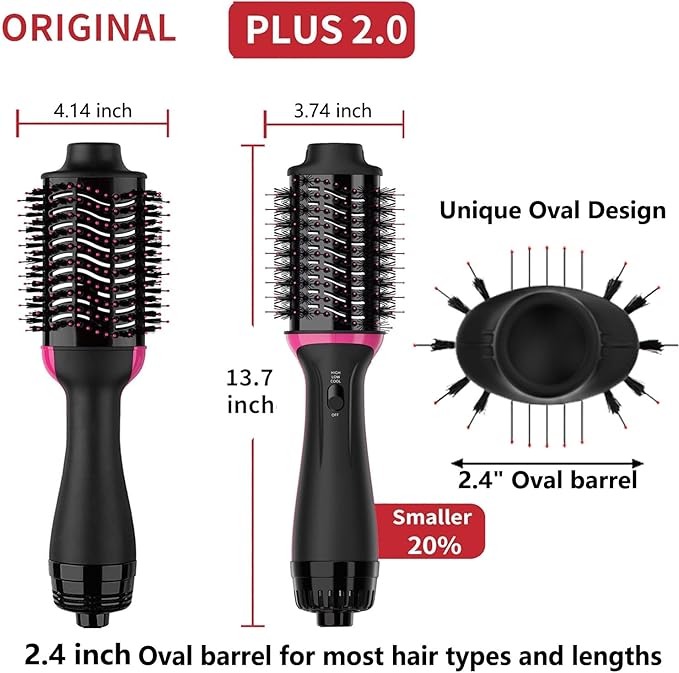 Plus 2.0 Dual Voltage Hair Dryer Brush with European Plug, Blow Dryer Brush for European Travel 125V - 240V One Step Hair Dryer and Styler Volumizer with Negative Ion Anti-frizz Styling Brush