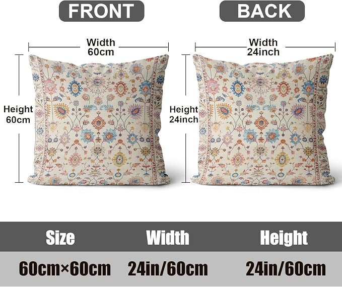 Boho Throw Pillow Covers 24x24 inch Set of 2,Soft Pillowcases Bohemia Carpet Printing Pattern Decorative Sofa Living Room Bed Square Pillow Case Cushion Cover-Flower