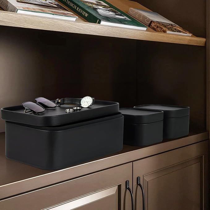 HofferRuffer Faux Leather Decorative Storage Boxes, Dust proof Storage Shelf Baskets with Lids Trays, Storage Bins Memory Box Organizer for Home, Office, Jewelry & More, Set of 3 (Black)