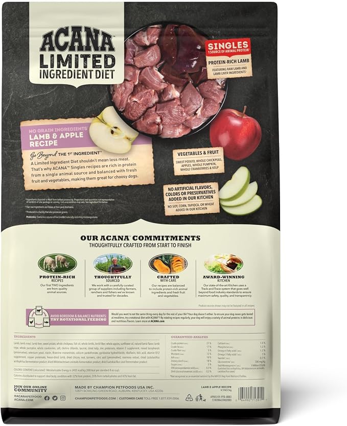 ACANA Singles Limited Ingredient Dry Dog Food Lamb & Apple 4.5lb Bag | Freeze Dried, Grain Free, High Protein, Made in the USA, Includes Probiotics, Omega-3 Fatty Acids, Limited Ingredient