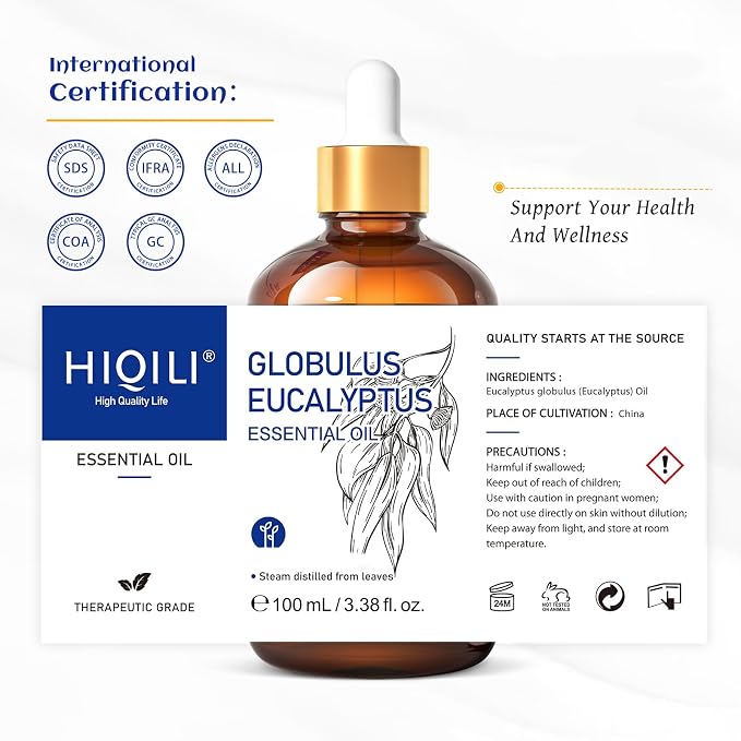 HIQILI 100ML Eucalyptus Essential Oil for Spray, Diffuser & Skin - 3.38 Fl Oz