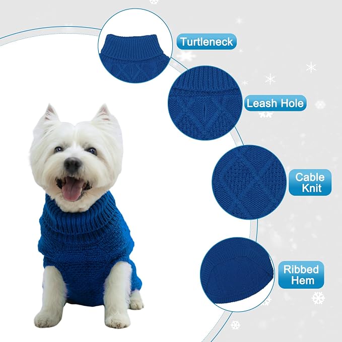 Mihachi Turtleneck Dog Sweater - Winter Coat Apparel Classic Cable Knit Clothes with Leash Hole for Cold Weather, Ideal Gift for Pet in New Year Royal Blue Small