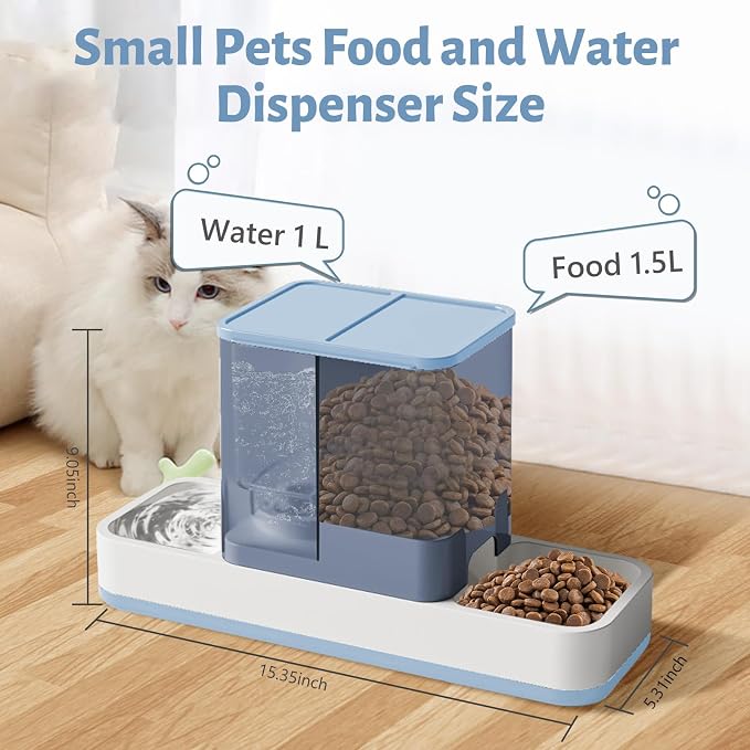 Yummy Sam Automatic Small Pet Feeder and Water Dispenser, Blue | 2 in 1 Gravity Cat Auto 1.5L Pet Feeder and 1L Waterer Set, Feeder Dish for Small Medium Pets Dog Puppy Kitten
