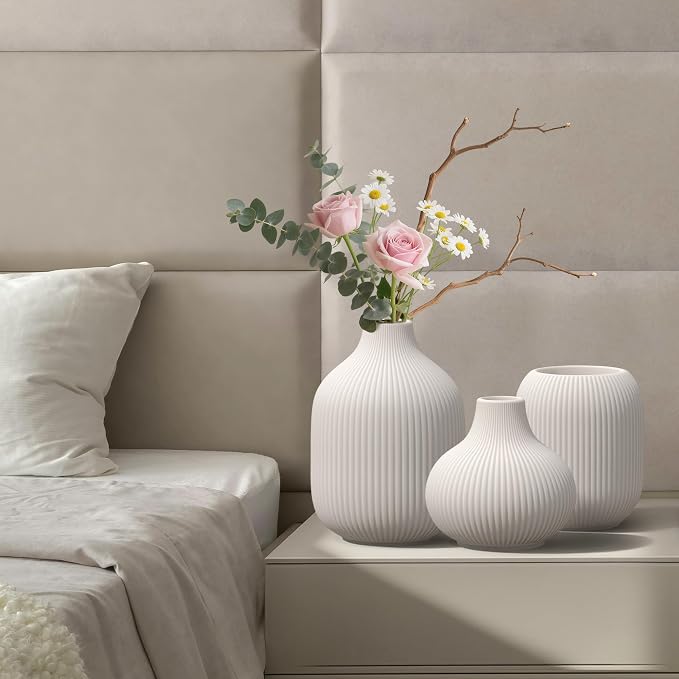 White Small Ceramic Vases Set of 3, Matte Vertical Ribbed, Minimalist for Pampas Dried & Fresh Flowers, Centerpiece for Living Room, Shelf, Entryway,Wedding,Office