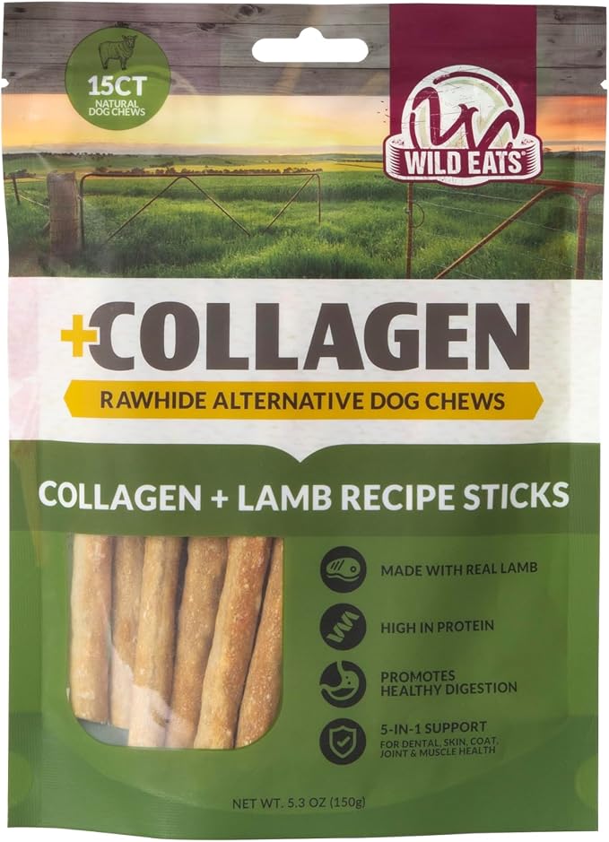 Wild Eats Lamb Collagen Sticks for Dogs, 15 Pack, Bully Stick Alternative | Rawhide and grain free no hide chew treats, 1 cm chew width, high protein, long lasting, satisfies natural gnawing urges