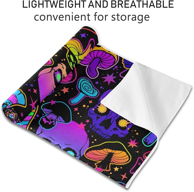 Colorful Skull Mushroom Yoga Towel, Non-Slip Hot Yoga Mat Towel Sweat Absorbent for Pilates and Workout 73 x 27 in