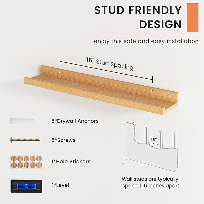 Picture Ledge Shelf, Floating Shelves for Wall, 24" W Set of 2, Oak | FSC Certified Engineered Wood, Wall Mounted Bookshelf, for Nursery Living Room Bedroom, Pre-Drilled, Easy Install