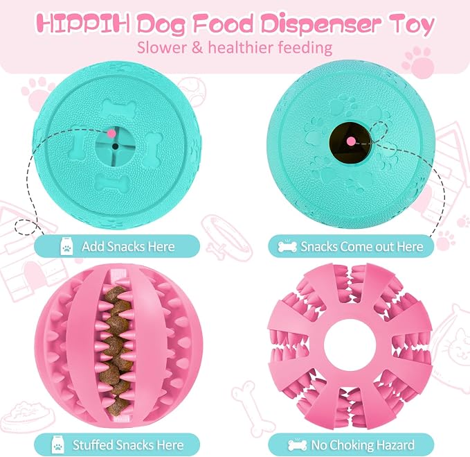 HIPPIH Dog Puzzle Toy 2 Pack, Interactive Dog Toys for Treat Dispensing | Durable Puppy Enrichment Toys, Dog Treat Ball for Teething, Slow Feeder, IQ Training, Pink-2.75'', Green-3.14''