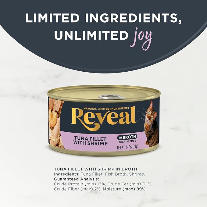 Reveal Tuna Fillet & Shrimp in Broth Wet Cat Food 24-Pack 2.47 oz Cans | 100% Natural, High Quality Protein, Limited Ingredient, Grain Free, Complementary Food, No Fillers, No Artificial Additives