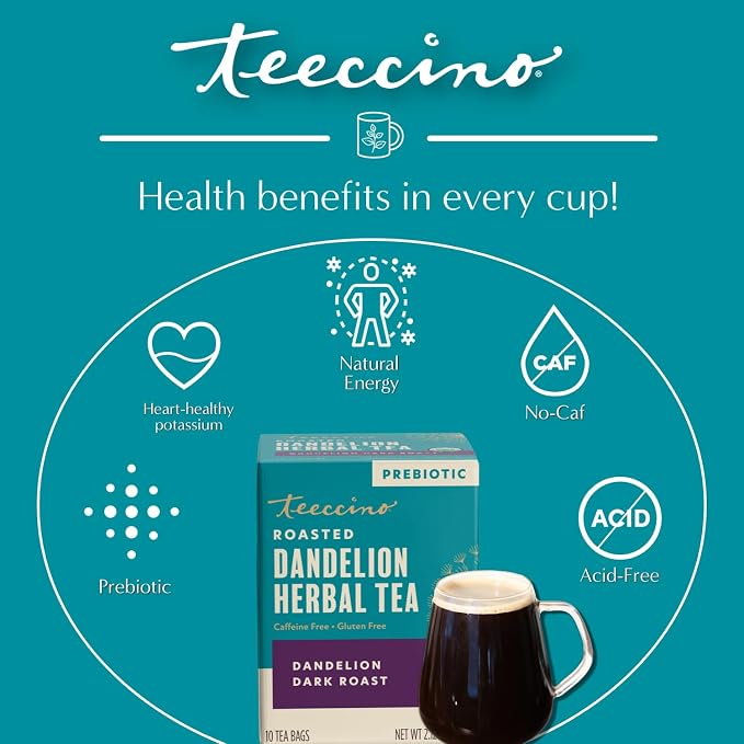 Teeccino Dandelion Tea – Dark Roast – Rich & Roasted Herbal Tea That’s Caffeine Free & Prebiotic with Detoxifying Dandelion Root, 10 Tea Bags (Pack of 4)