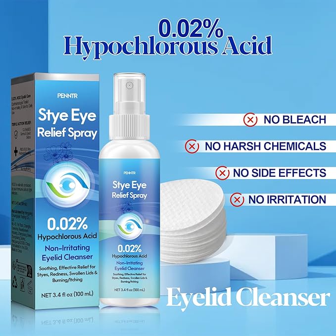 Stye Eye Treatment, Stye Relief Spray - 0.02% Hypochlorous Acid for Swelling, Redness, Eyelids Bump Removal with Natural Ingredients (3.4 Fl Oz (Pack of 1))