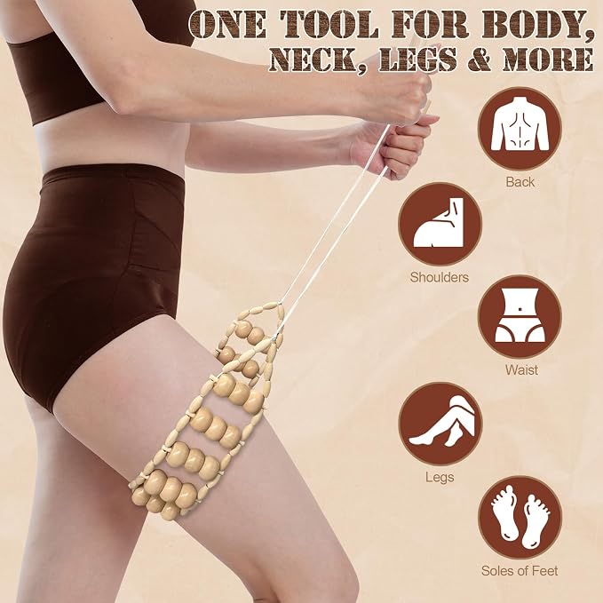 Wood Therapy Massage Tools, Wood Back Roller – Wooden Massage Roller Rope Maderoterapia Kit for Deep Tissue Relief,